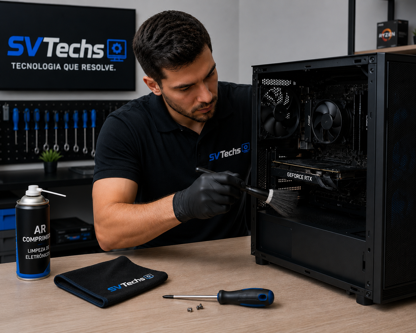 Técnico SVTech realizando limpeza em computador desktop
