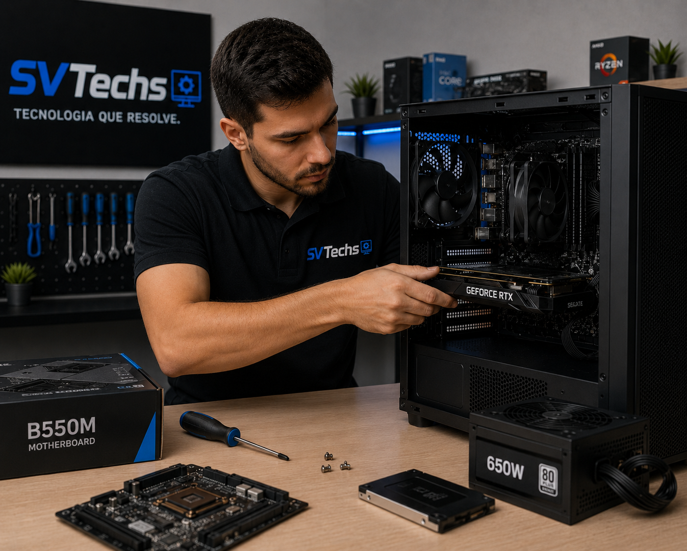 Técnico SVTech montando computador com placa de vídeo GeForce RTX