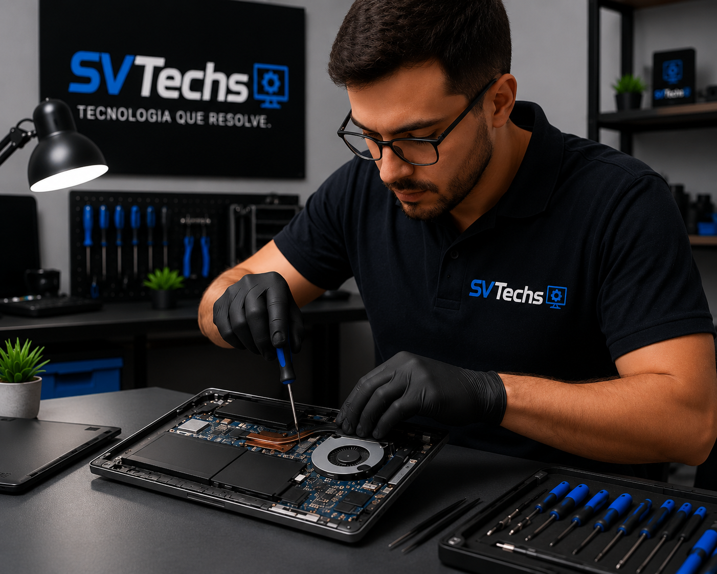 Técnico SVTech fazendo reparo interno em notebook